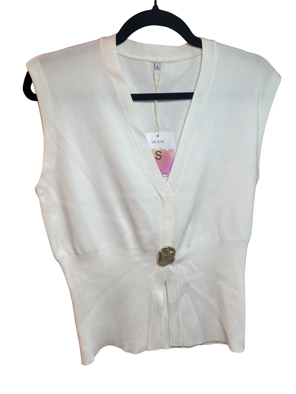 Fashion Brand White V-Neck Knit Vest Top Gold Metal Accent Sm New